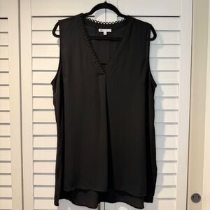 DR2 Womens Black Sleeveless Scalloped V-Neck Pleated Blouse XL